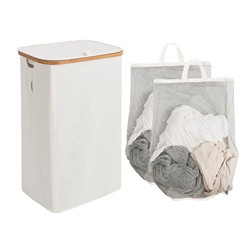StorageWorks 100L Large Laundry Hamper with Lid, Tall Clothes Basket with Bamboo Handles and 2 Removable Inner Bag, Collapsible Hampers for Clothing, Toys, Towels, Beige, 1-Pack