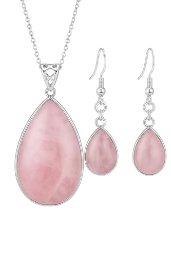 Image of Helena Rose Jewellery Natural Rose Quartz Jewellery Set for Women, Genuine Pink Gemstone Pendant Necklace & Matching Drop Earrings, Silver Plated Gift Set in Gift Box