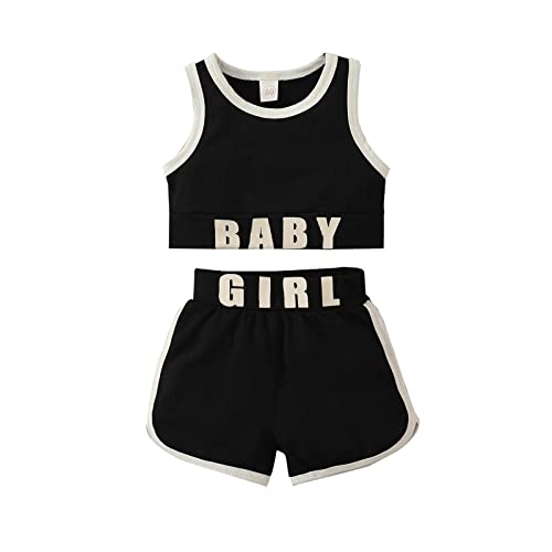 Rommioluya Toddler Kids Girl Summer Outfits Strap Shirt Letter Tank Crop Top Knit Camisole Drawstring Shorts