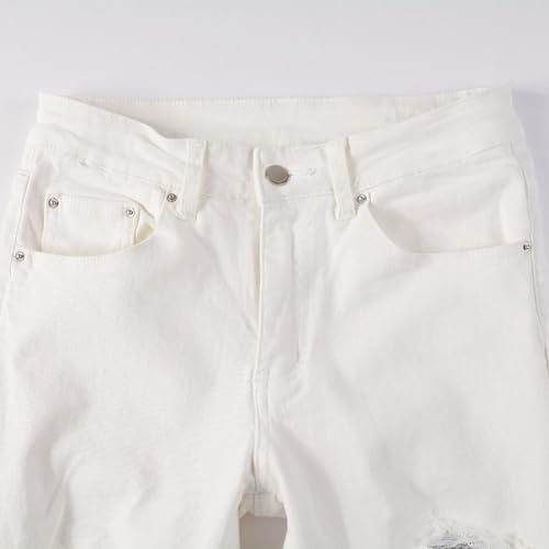 Men's White Stretchy Skinny Slim fit Ripped Distressed Jeans Destroyed Tight Leg Crystals Holes Pants4