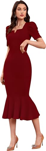 Image of ELLITI Women's Lycra Blend Sweetheart Neckline /V-Neck, Bodycon Dress with Mor Pich Color Short Puff Sleeve and Mermaid Hem, Calf Length /Midi Length /Knee Length Dress