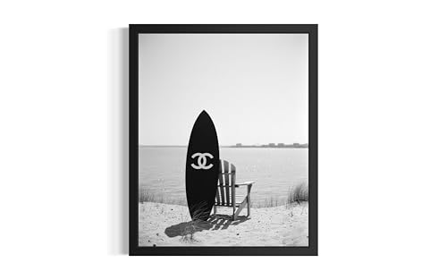 High Fashion Black Surfboard Black Framed Poster Wall Art Print, Black and White Artwork for Bedroom, Bathroom, Living Room Decor B59 (High Fashion Surfboard, 24"L x 18"W, Black Frame)