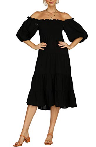 R.vivimos Women's Summer Linen Lantern Sleeves Ruffled Off Shoulder A-Line Midi Dresses (Medium, Black) #TOP3