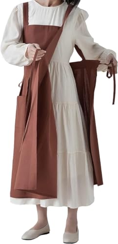 [LeafIn] エプロン ワンピース型 綿100％ 2Way ポケット付き 肩掛け ロング丈 レディース ワンピースタイプ キッチン カフェ風 料理教室 QH57(栗色) - LeafIn - 商品画像