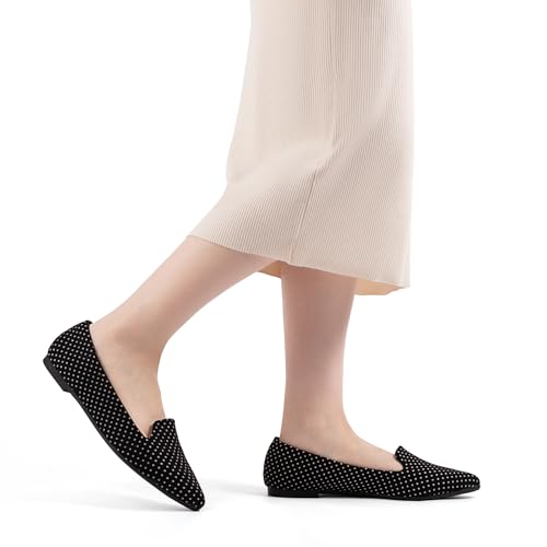 Image of MUSSHOE Black Flats for Women Pointed Toe-Comfortable Business Casual Work Shoes, Dressy Suede Slip On with Memory Foam for Office, Teacher & Standing All Day