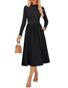 Langarm Strickkleid für Damen Elegantes A-Linien Kleid Mockneck Kleid mit Taschen Beerdigung Kirche Schwarz M