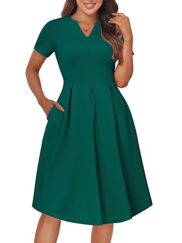 Image of YATHON Womens Elegant Print Notched Neck Slant Pocket Pleated Hem Casual A-Line Dress