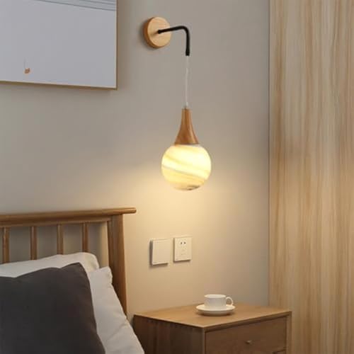 Aplique de pared globo de cristal y madera con cable ajustable para dormitorio 7