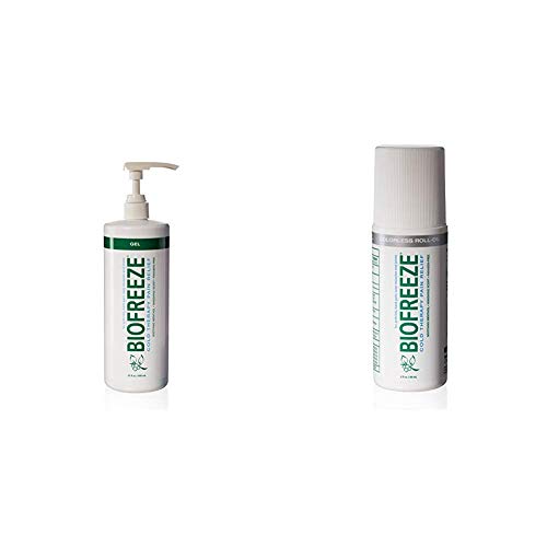 Biofreeze Pain Relief Gel, 32 oz. Pump, Green + Pain Relief Gel, 3 oz. Colorless Roll-On, Fast Acting, Long Lasting, Powerful Topical Pain Reliever