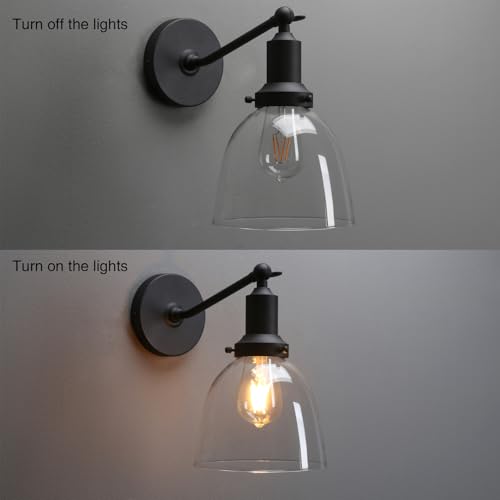 Image of PERMO Industrial Sconces Slope Pole Sconce with 6.7 inch Oval Dome Clear Glass Shade Matte Black Wall Sconce Wall Mount Light Fixture for Bathroom Bedroom Entryway Home Office Kitchen