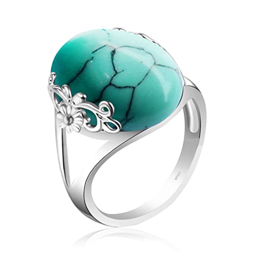 La mejor selección de Anillos de Turquesa del mes. 45 DALEGEM - Anillo de piedra turquesa natural para mujer, plata de ley S925 con borde de flor y vid gruesa y auténtica piedra de pavo, 27 (9 USA), Plata, Turquesa