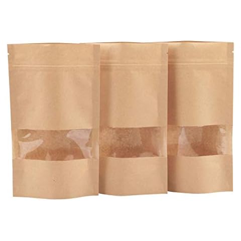 Katfort Stand Up Pouches 100pcs, 7.8''×4.6'' Resealable Bags for Small Business, Resealable Kraft Paper Bags with Window, Paper Bakery Bag for Small Business, Family, Company Cover