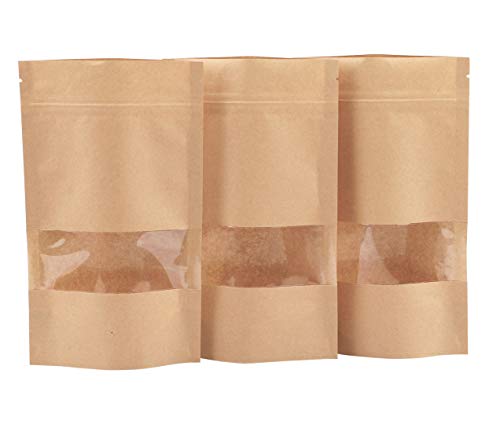 Katfort Stand Up Pouches 100pcs, 7.8''×4.6'' Resealable Bags for Small Business, Resealable Kraft Paper Bags with Window, Paper Bakery Bag for Small Business, Family, Company