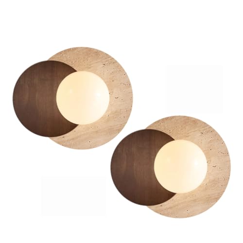 Image of Marble Wall Lamp, Bathroom Vanity Light Fixtures, Wall Mount Lamp, Over Mirror, Wall Sconces Set of 2, Vintage Wall Light with Wood and Stone Shade, for Porch Workshop Kitchen Living Room