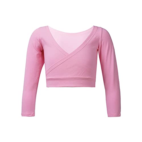 Girls Classic Long Sleeves Ballet Dance Leotard Dress Wrap Top Cotton Front Knot Cardigan Sweater Shrug Tops A Pink 13-14 Years