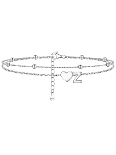 Image of PROSILVER Ankle Bracelets for Women S925 Sterling Silver Anklets for Women Waterproof, Dainty Layered Heart Anklet, Beach Initial Anklet for Summer, Letter A-Z