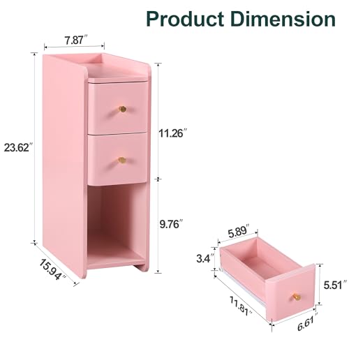 Image of FurSch Narrow Nightstand, Wooden 2 Drawer, Slim Side End Table, Pink, 1 pc