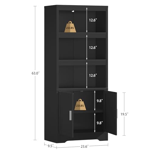 Image of Book Shelf and Bookcase with Doors, 5-Tier Display Storage Cabinet with Adjustable Shelves, Open Compartments, Remote Control LED Lights, Tall cabinet for Bathroom Kitchen Living Room, Home Office