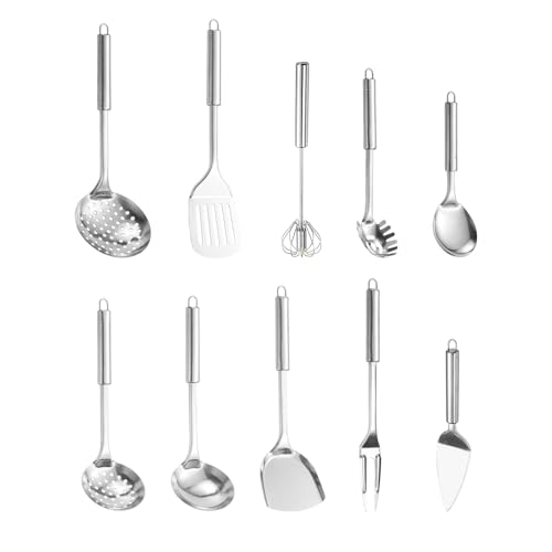 WakiHong Juego de 10 utensilios de cocina de acero inoxidable, antiadherentes, resistentes al calor, utensilios de cocina, utensilios para el hogar, ideal para todas las necesidades de cocina