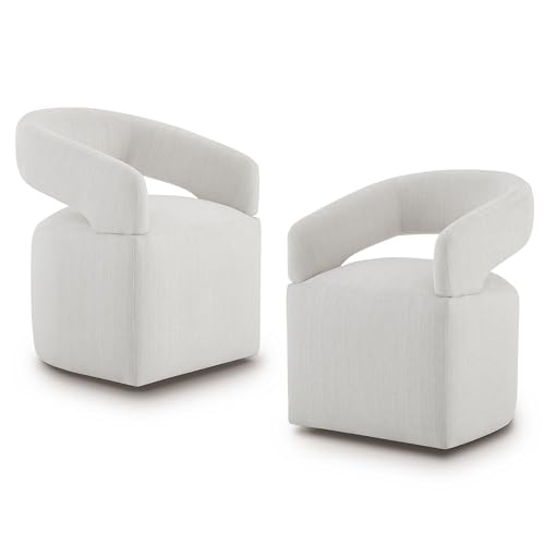 Image of KISLOT Upholstered Dining Chairs Set of 2, Modern Rolling Dining Chairs with Hidden Casters, Arm Kitchen Chairs with Linen Look Fabric, Padded Barrel Chairs for Dining Room, Kitchen, Bedroom, Linen