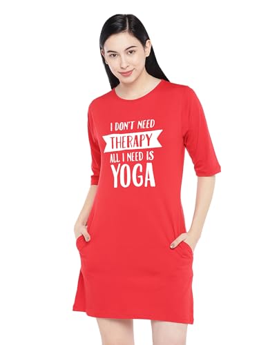 Image of STATUS MANTRA Women's Long T-Shirt Dress - Cotton Casual Knee Length Dress with 3 /4 Sleeves | Soft Bio-Washed Fabric, Crew Neck, Relaxed Fit | Comfy Summer Lounge Wear