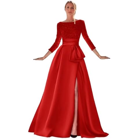 PuTao Red Long Sleeve Ball Gown Sequin Satin Corset Prom Dress Boat Neck Long Slit Formal Evening Gowns for Women US14 Cover