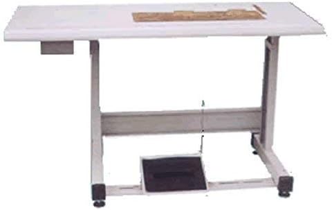 Assembled industrial sewing machine table stand with foot pedal.