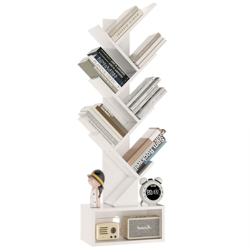 YMYNY Estantería de árbol, Librería Alta de 6 Niveles, Estantería Estrecha de Almacenamiento de Madera con cajones para salón, Sala de Estar, Dormitorio,‎38×19×112CM, Blanco HBC016W