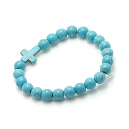Image of Xusamss Fashion Religious Cross Bracelet 8mm Tiger Eye Turquoise Beads Elastic Bracelet,7 1 /2 wrist