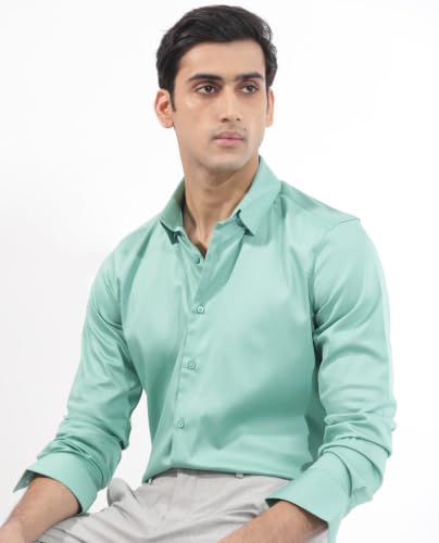 Image of Rare Rabbit Men Regular Fit Solid Beige Satin Long Sleeve Button Shirt