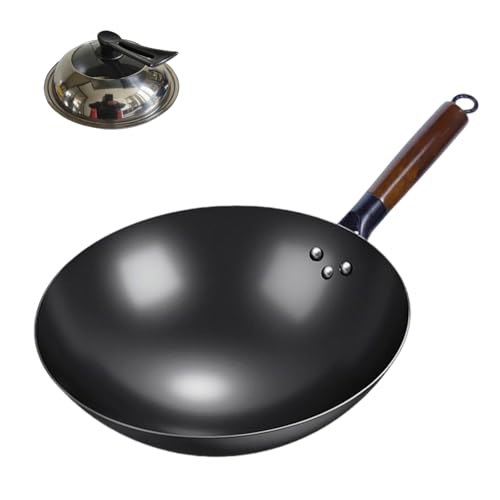 Wok de acero carbono forjado con tapa y mango de madera