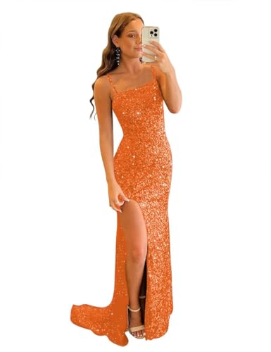 WENKAFO High Split Mermaid Long Prom Dresses 2026 for Women Formal Sparkly Sequin Square Neck...