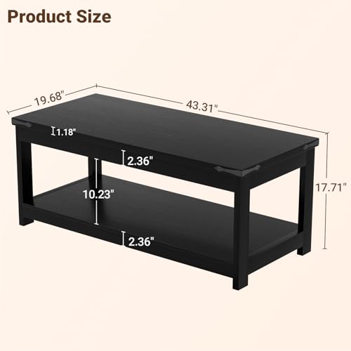 Image of Homieasy 43.3 inch Rectangular Coffee Table with Storage Shelf, Farmhouse Wood Center Table for Living Room, Modern Black Tea Table with Open Shelf, Black