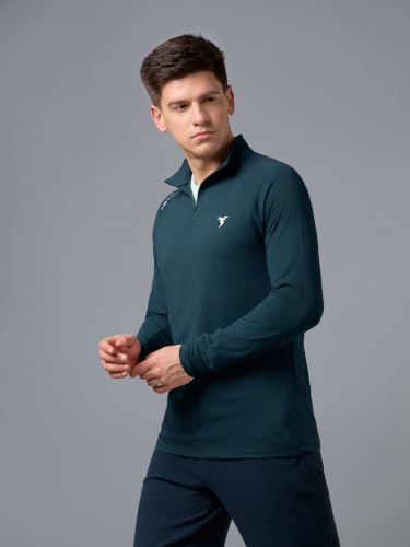 Image of TECHNOSPORT Men's Solid Quarter Zip Gym Slim Fit Active Sports T-Shirt with COTFLEX Full Sleeve Cotton Feel Polyester 4-Way Stretch Memory Fabric Lightweight Workout Running Training