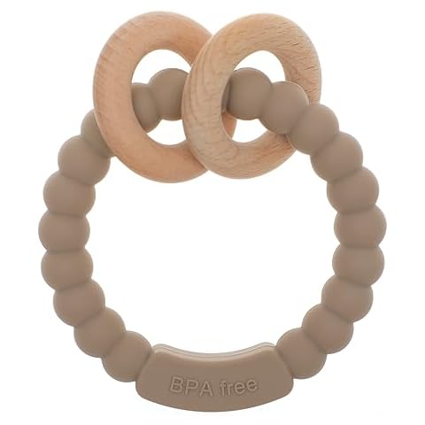 Dirbabi Baby Teether, One Piece Design Silicone & Beech Teething Ring Toy for Babies, BPA Free (Sand) Cover