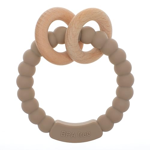 Image of Dirbabi Baby Teether, One Piece Design Silicone & Beech Teething Ring Toy for Babies, BPA Free (Sand)