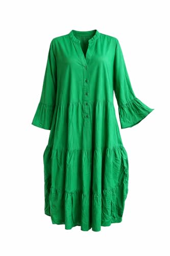 Aniston Plus Viskosekleid Damen Wadenlang Volantkleid 3/4 Arm Sommerkleid Casual Knopfleiste V-Ausschnitt