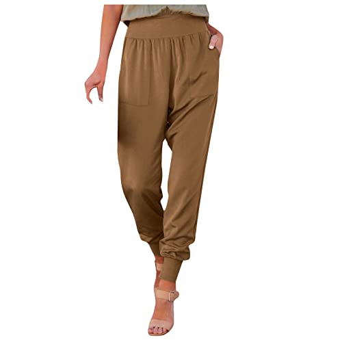 Womens Cargo Yoga Pants High Waisted Baggy Athletic Workout Leggings Relax Fit Pegged Cinch Bottom Joggers w Pockets Khaki
