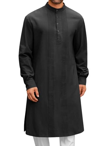 Runcati Mens Kaftan Robe Button Down Long Sleeve Cotton Linen Thobe Casual Muslim Gown Henley Shirt