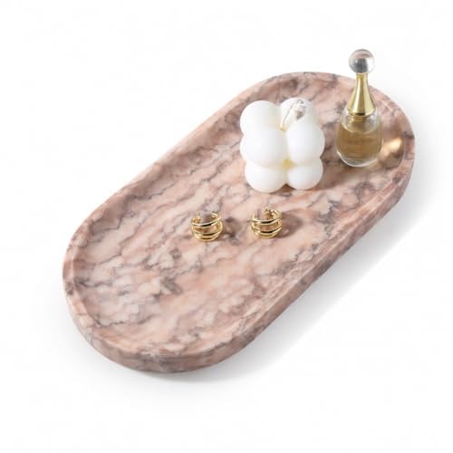Image of Koville Natural Marble Decorative Tray Stone Plate, 10 inch x 5 inch Marble Vanity Tray for Bathroom Countertop Organizer Stone Trays, Catchall Tray for Perfume, Candles, Jewelry (Moca Jade)