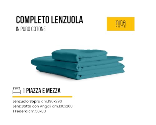 Nina Home Completo Lenzuola In Puro Cotone, Set Biancheria Da Letto Premium Quality Made In Italy, Con Federe 50X80Cm (Verde Acqua, Una Piazza E Mezzo, Tinta Unita) - 2