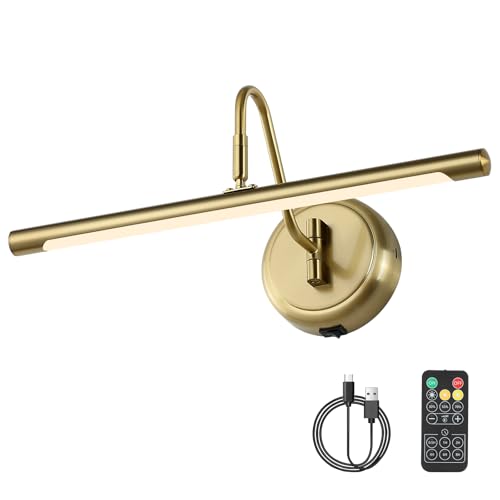 JOOSENLUX Battery Operated Picture Light Gold - Modern Wireless Picture Lights for Wall Dimmable 16.5inch Under Cabinet and Swing Arm for Canvas Sconce 3000K CRI95 Brass Battery Operated 16.