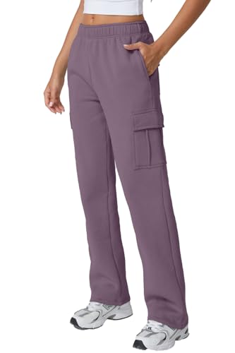 Image of QINSEN Baggy Medium Waist Elastic Sweatpants for Womens Casual Long Fleece Cargo Pants with Pockets