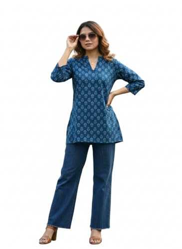 Image of Varanga Women Women's Blue Printed Tunic with 3 /4 Sleeves