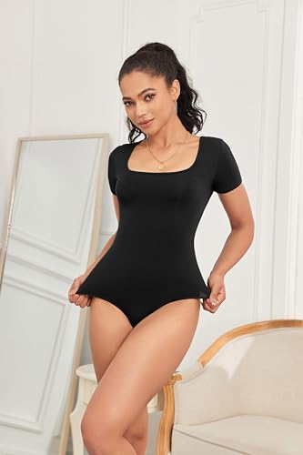 Women's Cute Square Neck Short Sleeve Tank Tops Trendy Bodysuit Shirts for Women 20254