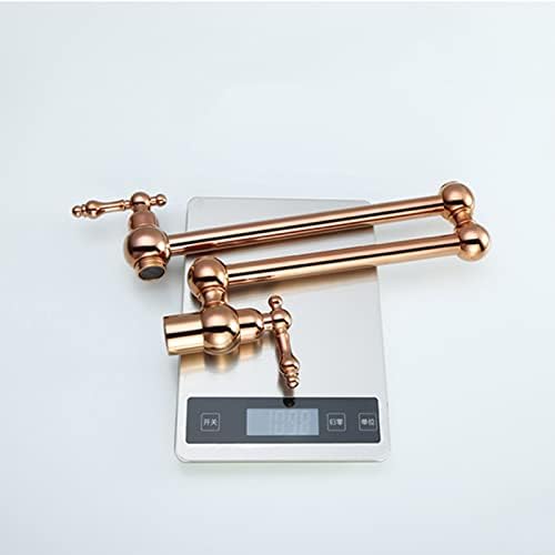 Rose Gold Wall Mounted Pot Filler Faucet - Single Cold, Foldable & Swivel Kitchen Sink Tap, Stretchable Dual Switch Double Joint Swing Arm Design, Brass Construction