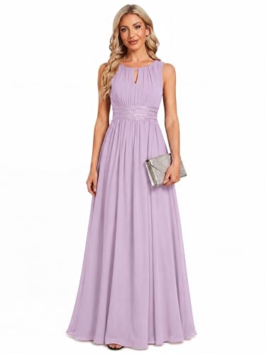 Image of Ever-Pretty Women's Chiffon Sleeveles Summer Formal Wedding Guest Dresses Ruched A Line Hollow Out Crew Neck Bridesmaid Dress