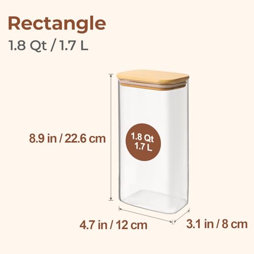 ComSaf 1.8 Quart Rectangular Glass Storage Container with Lid, Bamboo Glass Jar with Lid, Clear Food Storage Jar, Sugar Coffee Container, Pantry Storage Container, Pasta, Rice Flour, Outs and Nut Tea