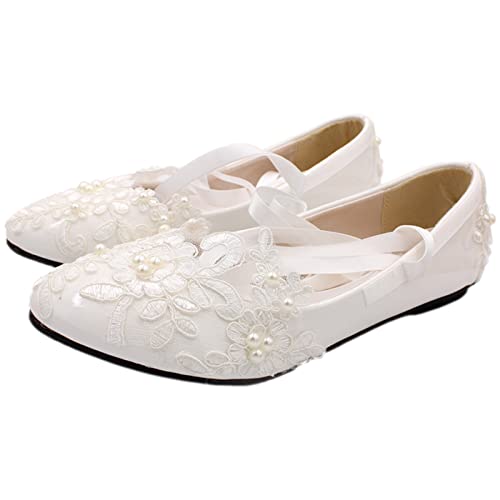 ANUFER Womens Elegant Lace Embroidery Flat/Heeled White Wedding Shoes Pumps with Pearls2