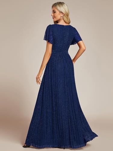 Image of Ever-Pretty Women's V-Neck Glitter Formal Dresses Pleated Short Sleeves Floor Length A-Line Mother of Bride Dress 11961